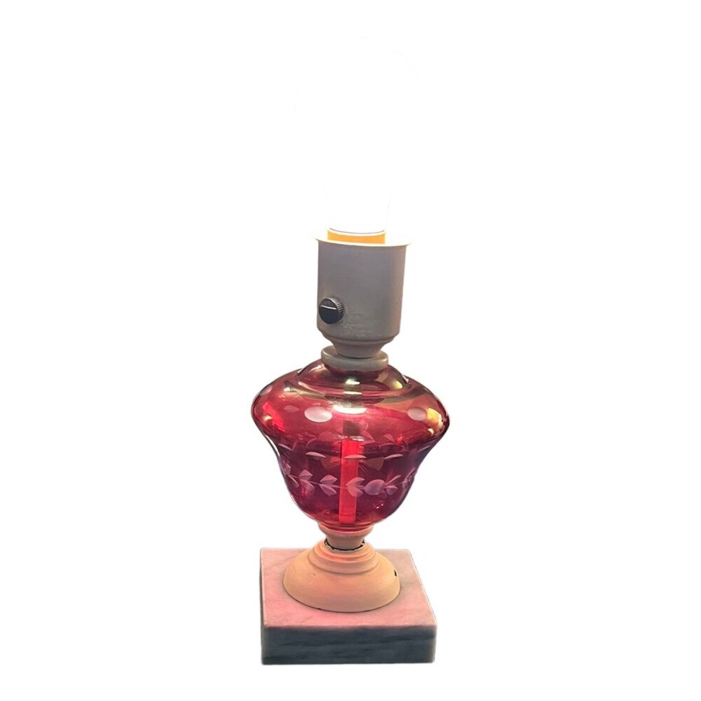 Vintage Red Glass Accent Table Lamp With White Floral Etching & Marble Base 9" T - Picture 2 of 11